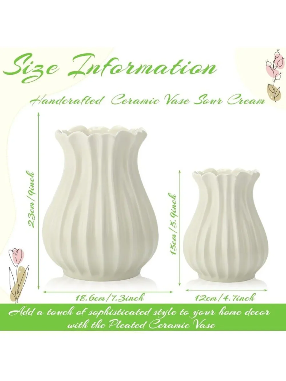 2 Pack Vintage White Pleated Ceramic Vases for Stylish Home Decor & Centerpieces